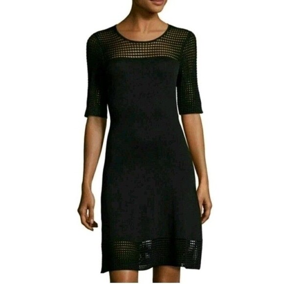 Nanette Lepore Dresses & Skirts - Nanette Lepore Womens Sz S Black Knit Grid Mesh Dress knee length 1/2 sleeve